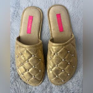 Lilly Pulitzer Gold Quilted Slippers with Pearls